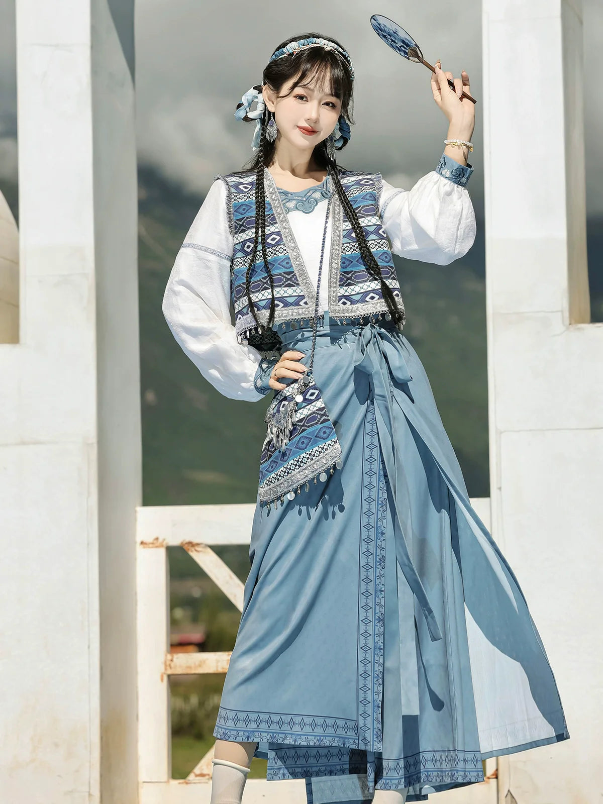 Fulan 潋滟浮兰 - New Chinese Style Ethnic Wrap Skirt and Vest Outfit