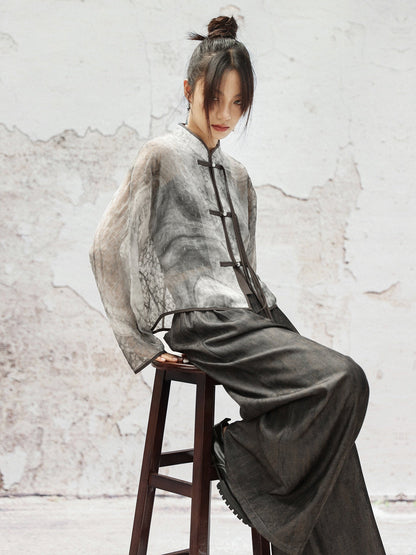 New Chinese Style Graphite Print Buckle Top Jacket