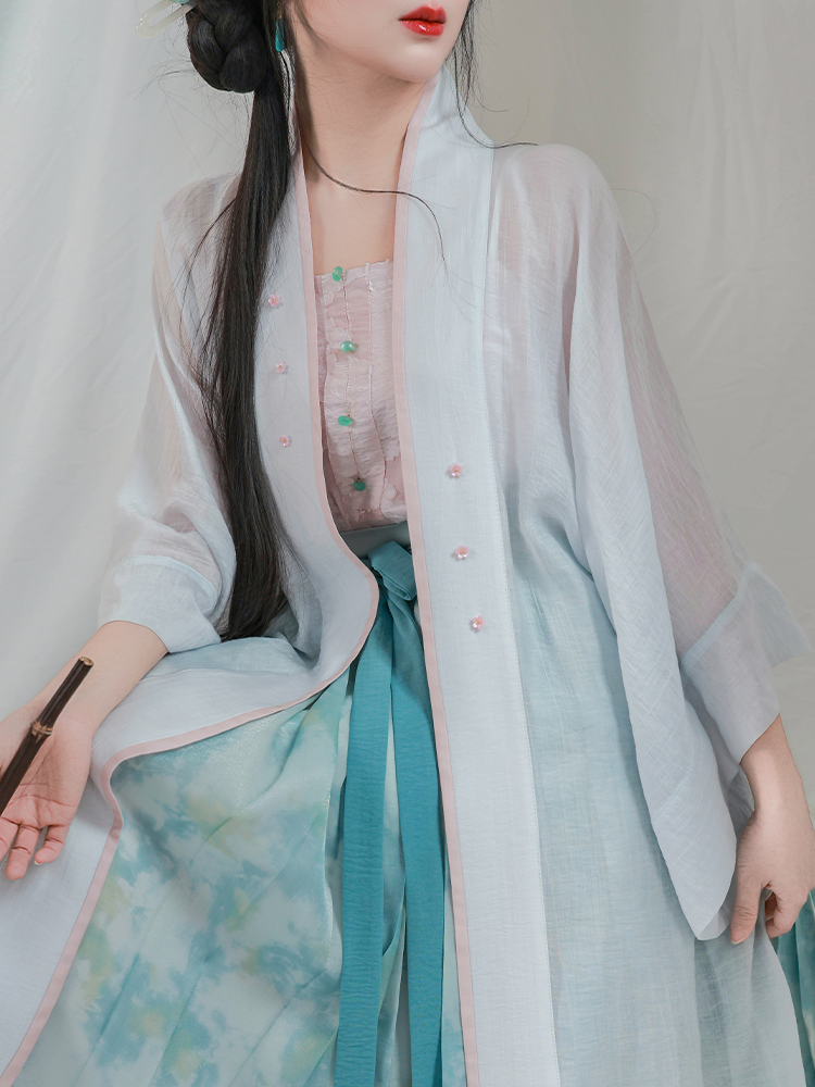 Song Dynasty Modern Hanfu Changgan Temple Cardigan and Pleated Skirt - Lotus Flowers 荷花娇 (Preorder)