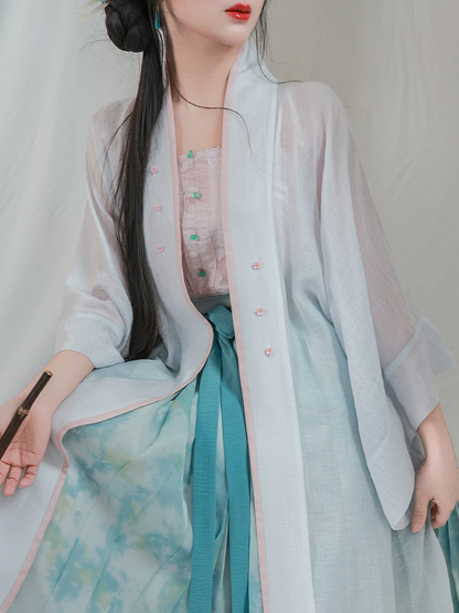 Song Dynasty Modern Hanfu Changgan Temple Cardigan and Pleated Skirt - Lotus Flowers 荷花娇 (Preorder)