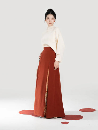 New Chinese Style Women Knit Top & Three Pleat Skirt Set - Maple Orange 枫橘 (Preorder)