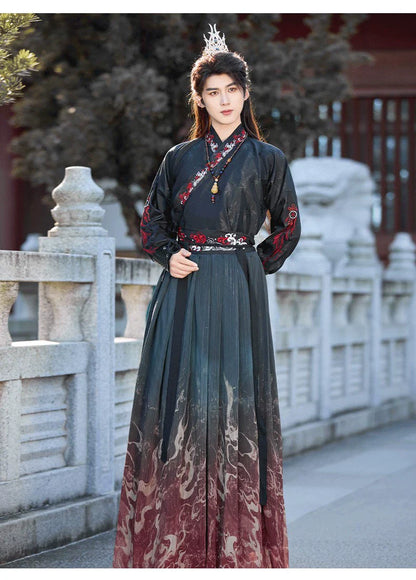 Crimson Flame 赤焰 - Unisex Wei-Jin Style Hanfu Robe with Cross Collar, Cool Heroic Ancient Style Outfit