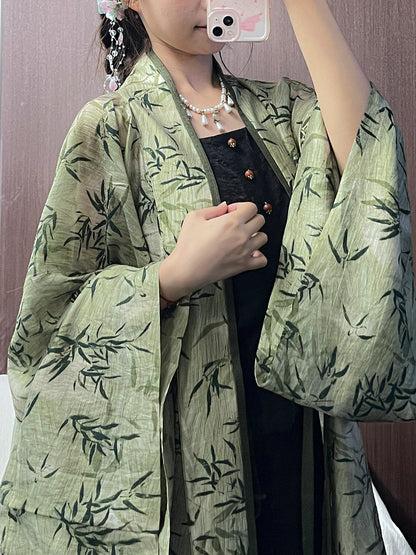 Wei, Jin and Southern and Northern Dynasties Style Bamboo Printed Cardigan - Yujun 玉君 (Preorder)