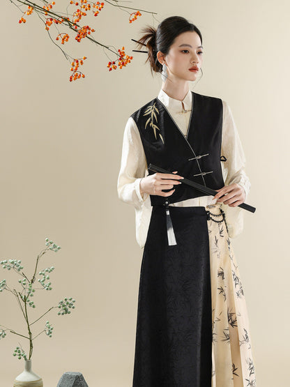Ink Bamboo Embroidered New Chinese Style Vest & Contrast Long Skirt Set