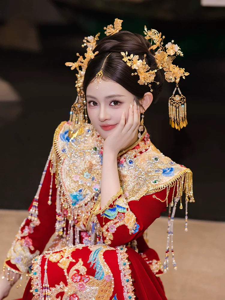 Champagne - Bridal Hair Accessories Elegant Chinese Wedding Headpiece with Tassels and Forehead Pendant for Xiuhe and Hanfu