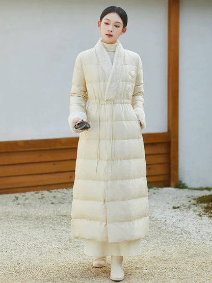 Han Shunning 寒霜吟 - Chinese Style Women Long Winter Coat, 90% White Duck Down, Lightweight Warm Hanfu Outerwear