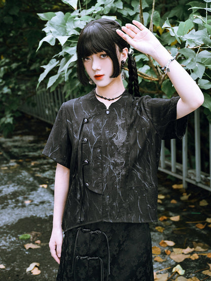 New Chinese Style Short Sleeve Shirt for Summer - Asking Crane 问鹤