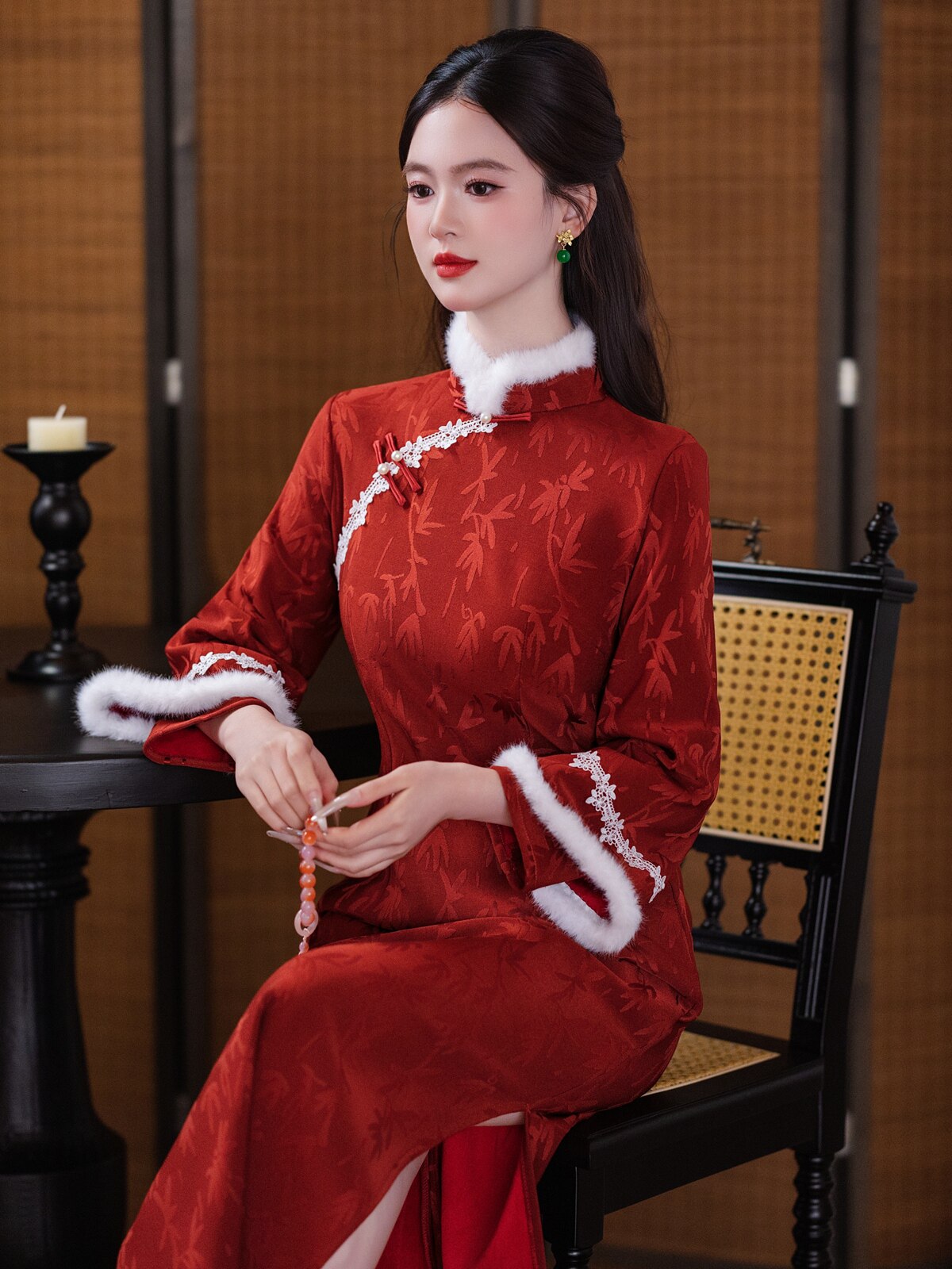 Chinese Wedding Engagement & Tea Ceremony Long Sleeve Cheongsam | Qiluo