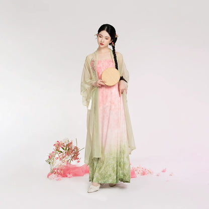 Song Dynasty Modern Hanfu Set with Changgan Temple Beizi and Mamian Slip Dress - Peach Willow Branch 桃柳枝 (Preorder)