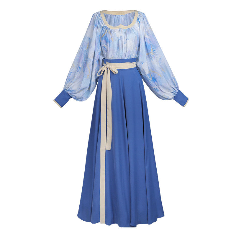 Tang Dynasty Modern Hanfu Heart Collar Top and Wrap Skirt - Van Gogh Sea 梵高的海国 (Preorder)