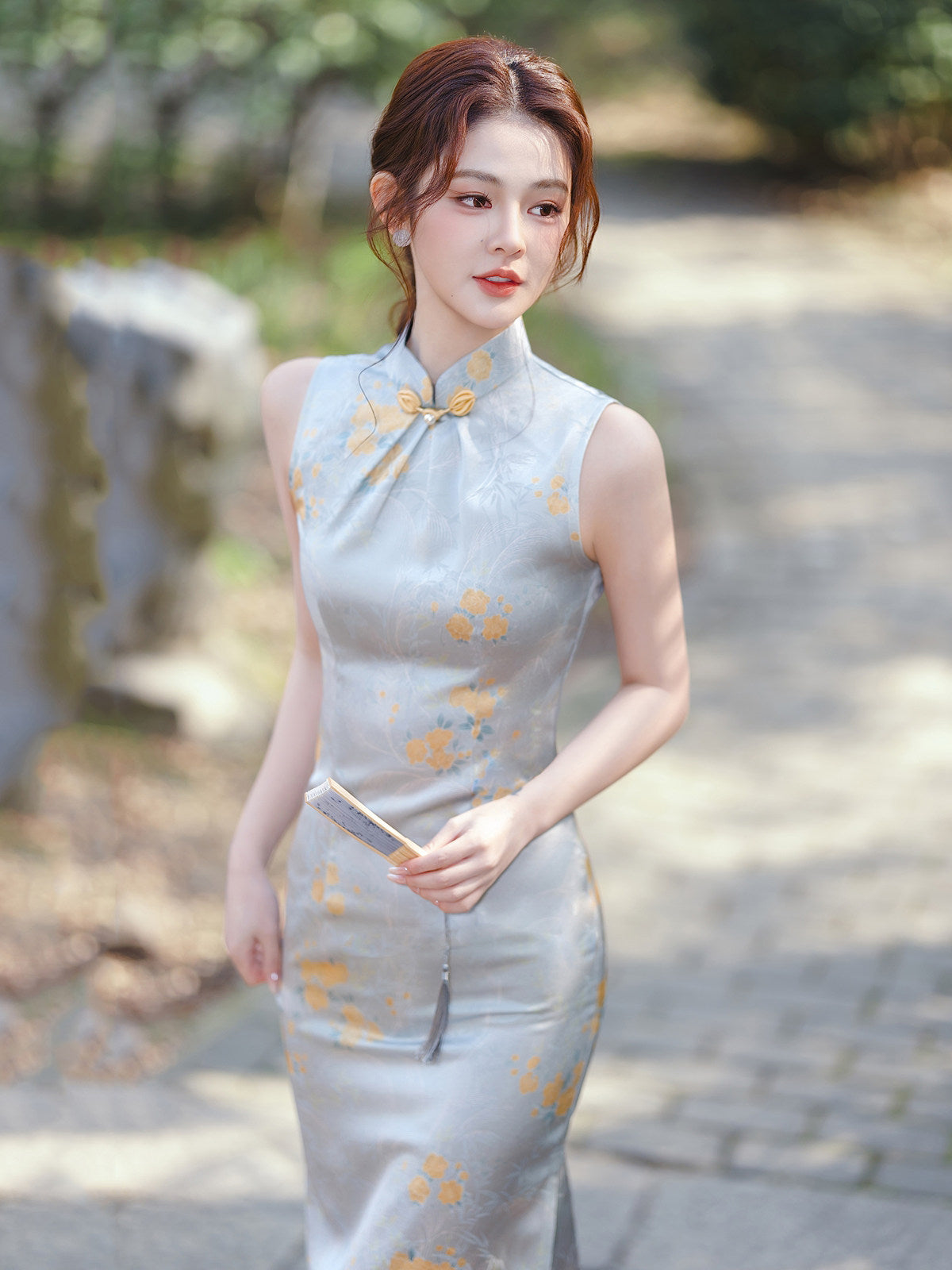 Sleeveless Floral Long Cheongsam | Skies