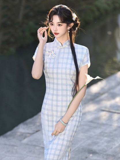 Short Sleeve Checkered Midi Cheongsam | Literature