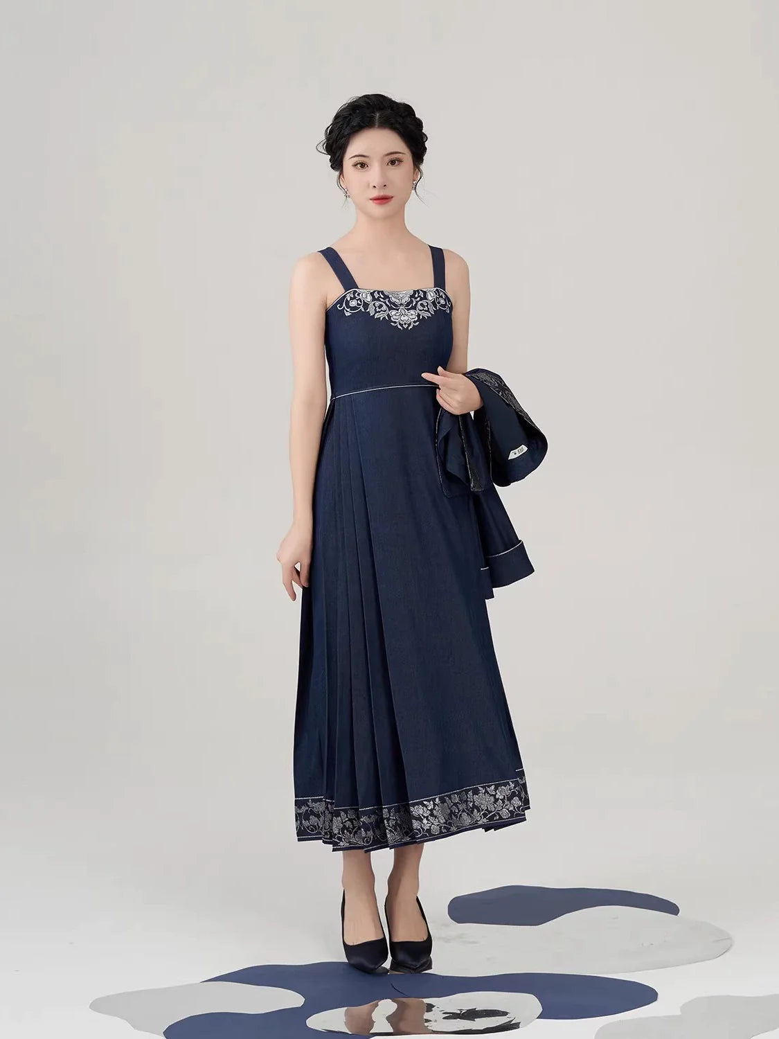 New Chinese Style Women Peony Embroidered Silver Woven Outer Jacket & Mamian Slip Dress - Yinlin 银霖 (Preorder)