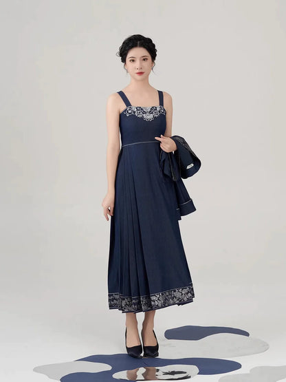 New Chinese Style Women Peony Embroidered Silver Woven Outer Jacket & Mamian Slip Dress - Yinlin 银霖 (Preorder)