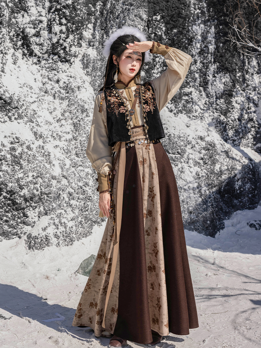 Tang Dynasty and Ethnic Exotic Style Color Blocked Vest and Wrap Skirt - Frontier Ballad 塞上曲 (Preorder)