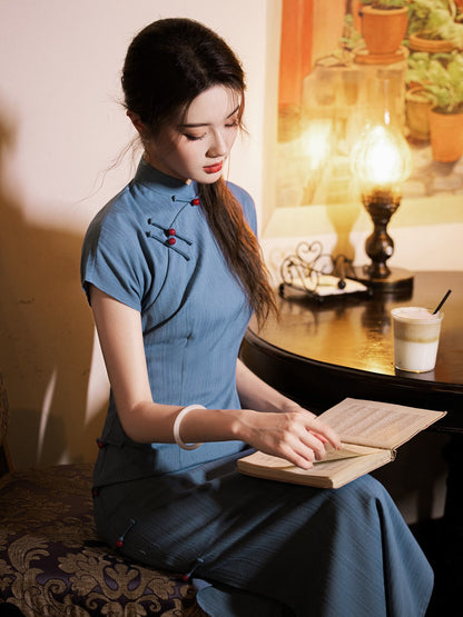 Short Sleeve Long Cheongsam | Peacock Blue