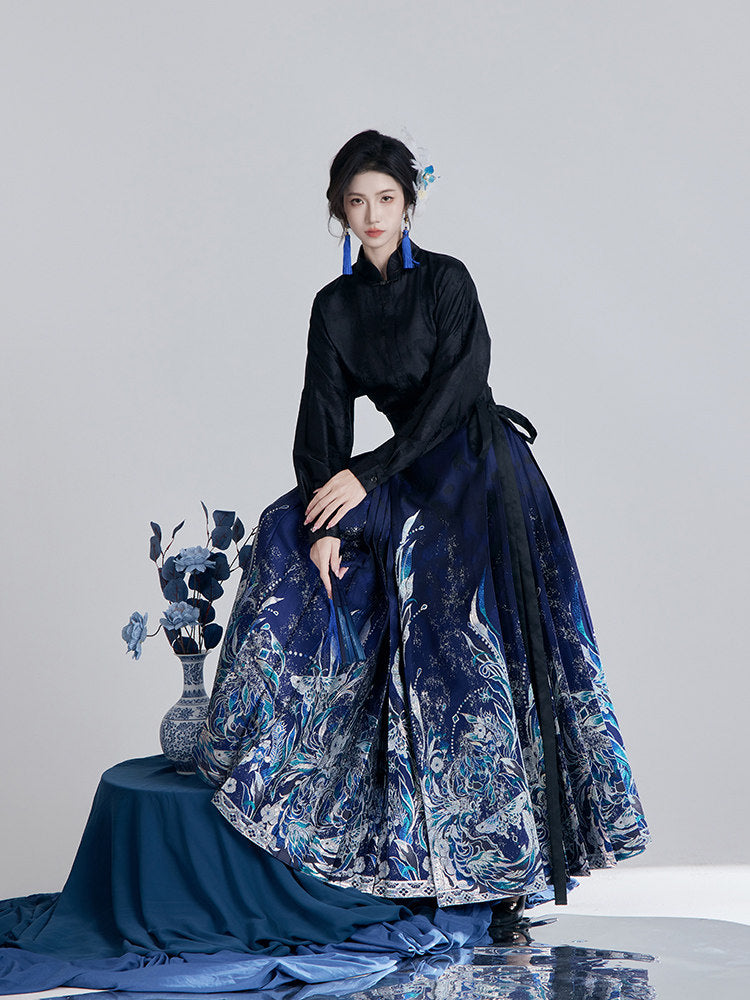 Ming Dynasty Modern Hanfu Long Sleeve Top and Mamian Skirt - Sparkling Jade 好多翠