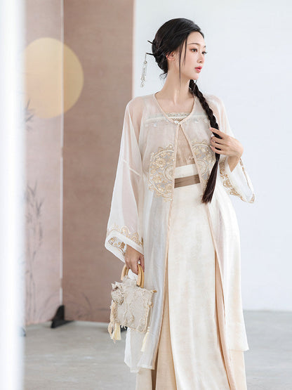 New Chinese Style Camisole with Pleated Wrap Skirt and Fairy Cardigan for Summer - Moon Amidst Clouds 云间月 (Preorder)