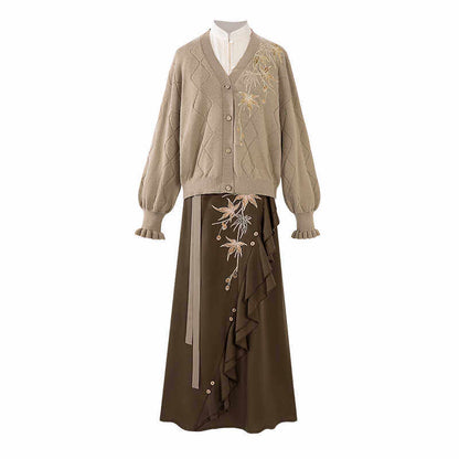 New Chinese Style Knitted Cardigan and Skirt - Late Autumn Date 枫亭晚