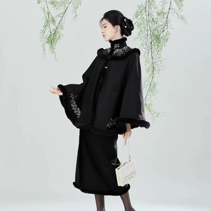 Song Dynasty Modern Hanfu Set with Embroidered Cape and Spiral Skirt - Nanzhi 南枝 (Preorder)