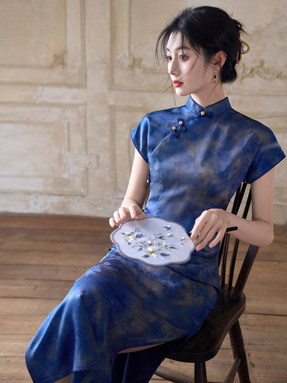 Short Sleeve Midi Cheongsam | Sapphire