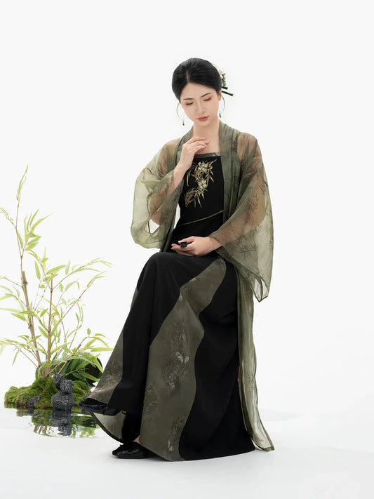 Song Dynasty Modern Hanfu Set with Changgan Temple Beizi and Three Pleat Slip Dress - Bamboo Shadow 竹影纱 (Preorder)