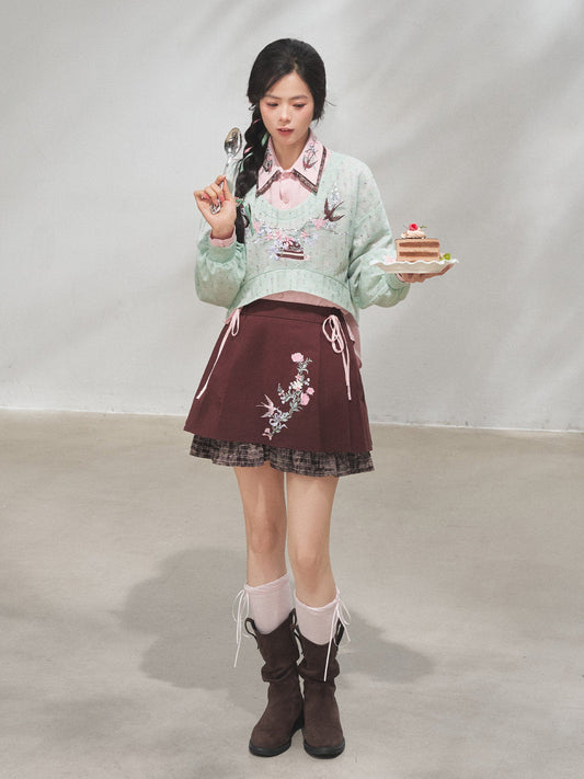 Hanfu Inspired Chinese Style Blouse & Retro Knit Mini Skirt Set 春日巴斯克