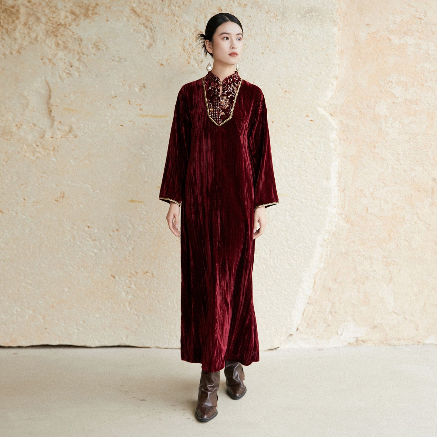 Festive Embroidered Velvet Dress for Engagement, Tea Ceremony or Chinese New Year - Soft Sunset 浅霞