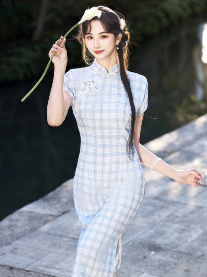 Short Sleeve Checkered Midi Cheongsam | Literature