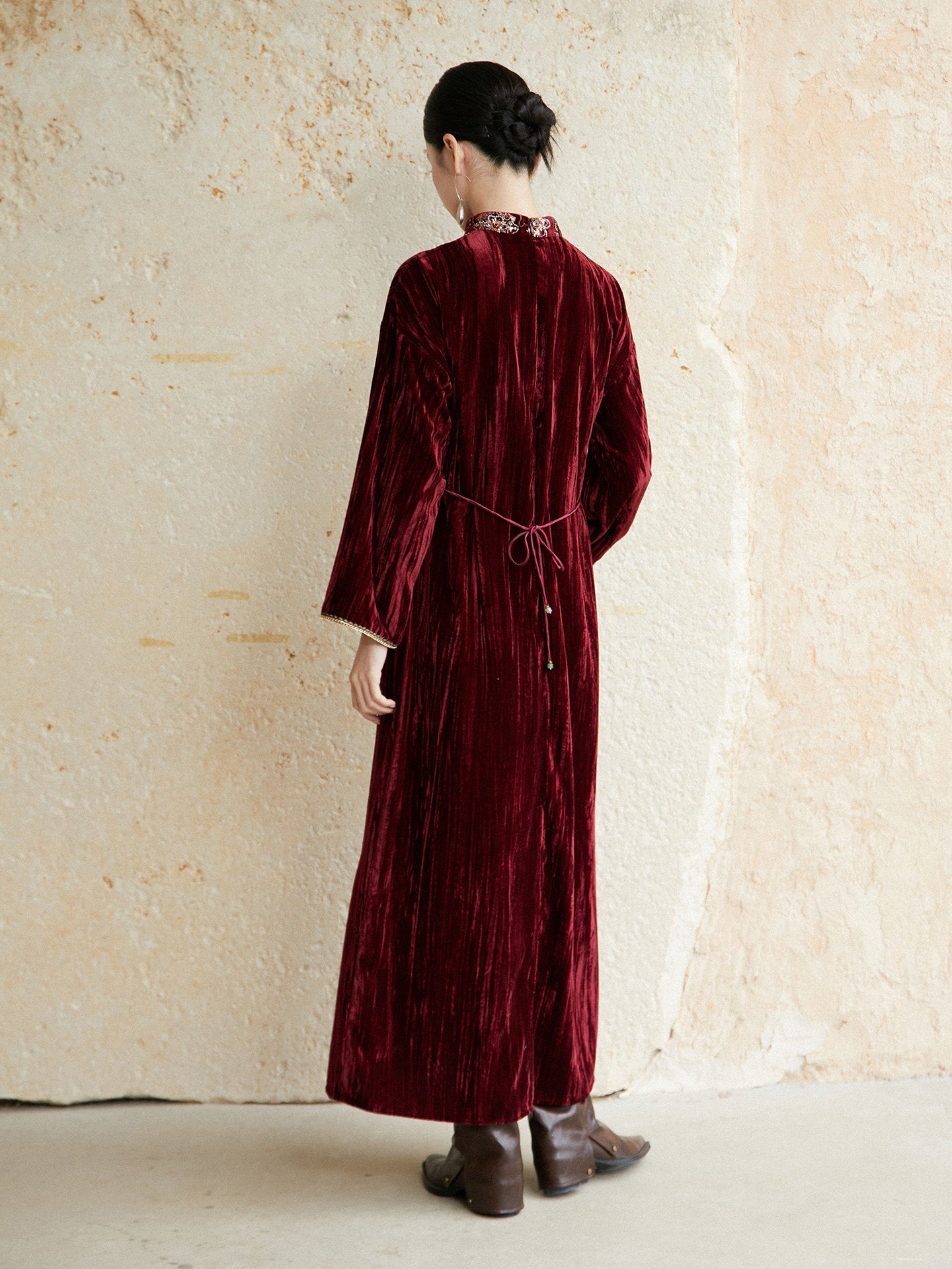 Festive Embroidered Velvet Dress for Engagement, Tea Ceremony or Chinese New Year - Soft Sunset 浅霞