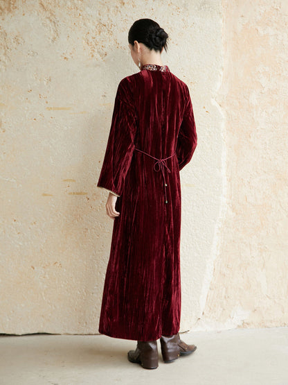 Festive Embroidered Velvet Dress for Engagement, Tea Ceremony or Chinese New Year - Soft Sunset 浅霞