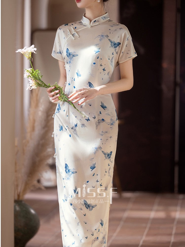 Short Sleeve Butterfly Long Cheongsam | Late Dream