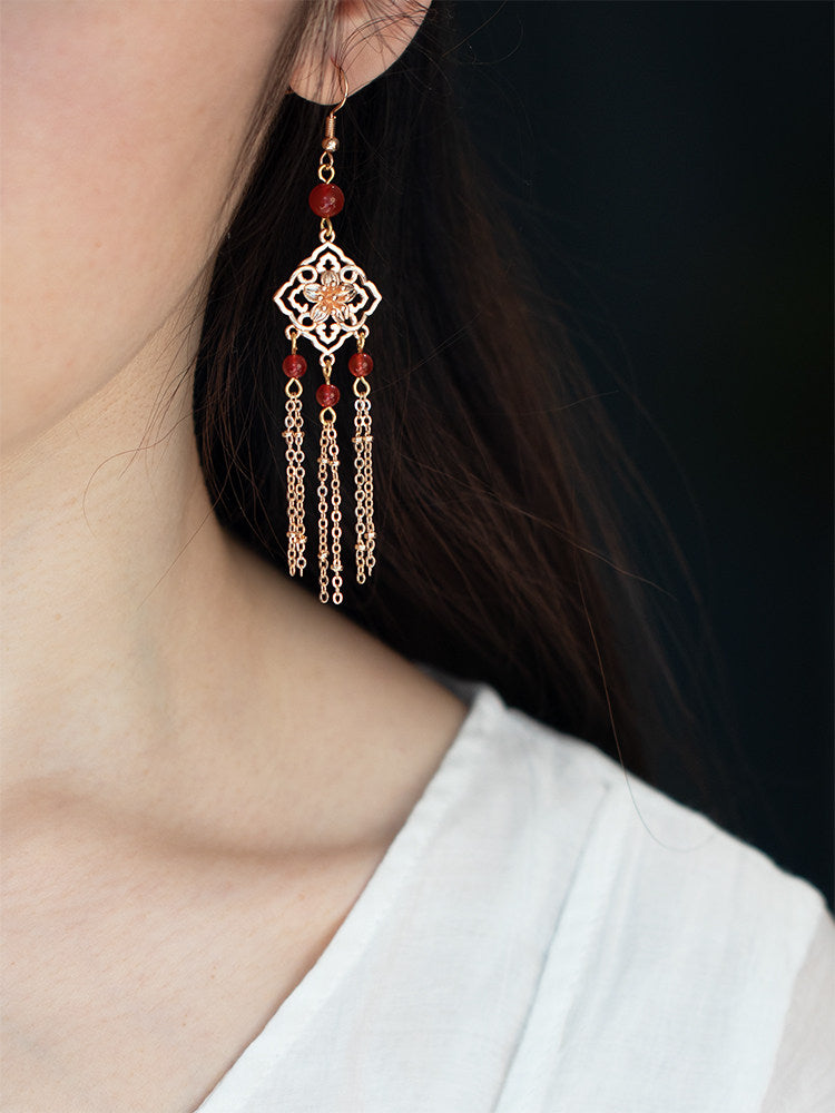 Red Onyx Tassel Antique Earrings | Hanfu Jewelry