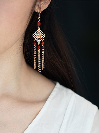 Red Onyx Tassel Antique Earrings | Hanfu Jewelry