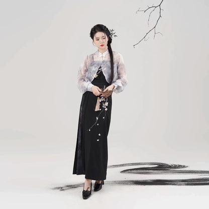 Song Dynasty Modern Hanfu Set with Spiral Skirt - Night Plum Window 暗梅窗夜 (Preorder)