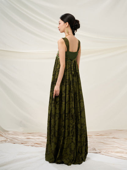New Chinese Style Embroidered Summer Flower Dress - Forest Glow 挂绿