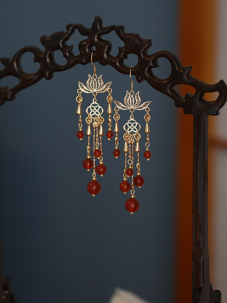 Blooming Lotus Red Agate Bridal Earrings | Hanfu Jewelry
