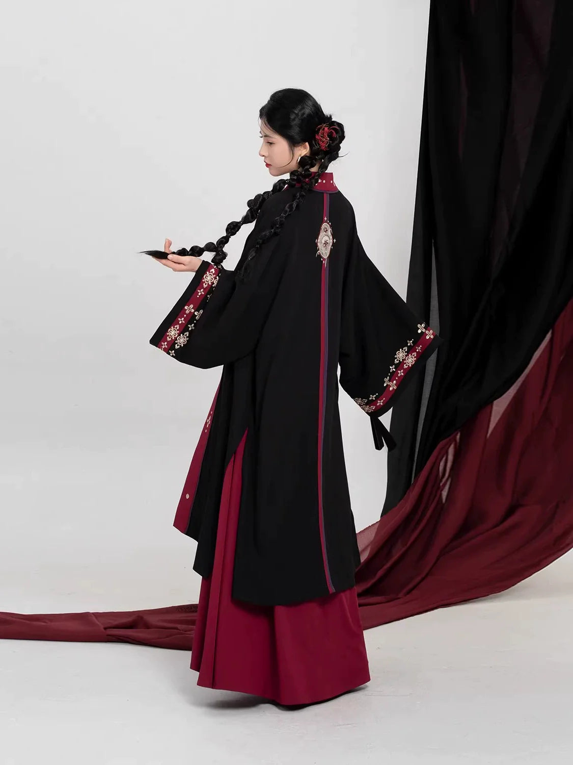 Tang Dynasty Modern Hanfu Set Changgan Temple Beizi and Slip Dress - Crimson Scarlet 绛百合 (Preorder)