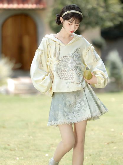Ming Dynasty Modern Hanfu Hooded Crop Top and Short Mamian Skirt - Morning Garden 清晨花园