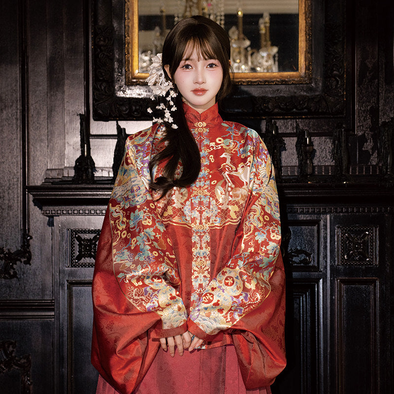 Ming Dynasty Wedding Hanfu Set with Pipa Sleeve Top & Mamian Skirt | Auspicious Fortune 福禄来宜