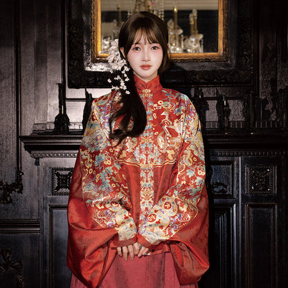Ming Dynasty Wedding Hanfu Set with Pipa Sleeve Top & Mamian Skirt | Auspicious Fortune 福禄来宜