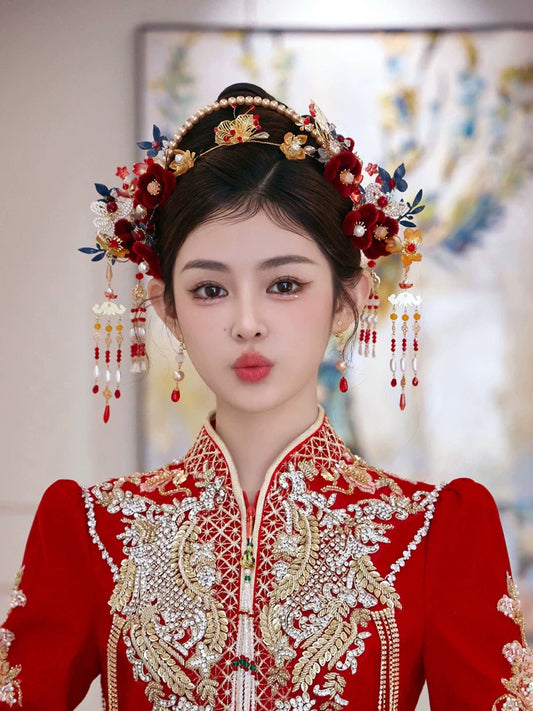 Red Velvet Bridal Hairband with Tassel Hairpin Classical Chinese Wedding Accessories for Xiuhe and Hanfu Updos