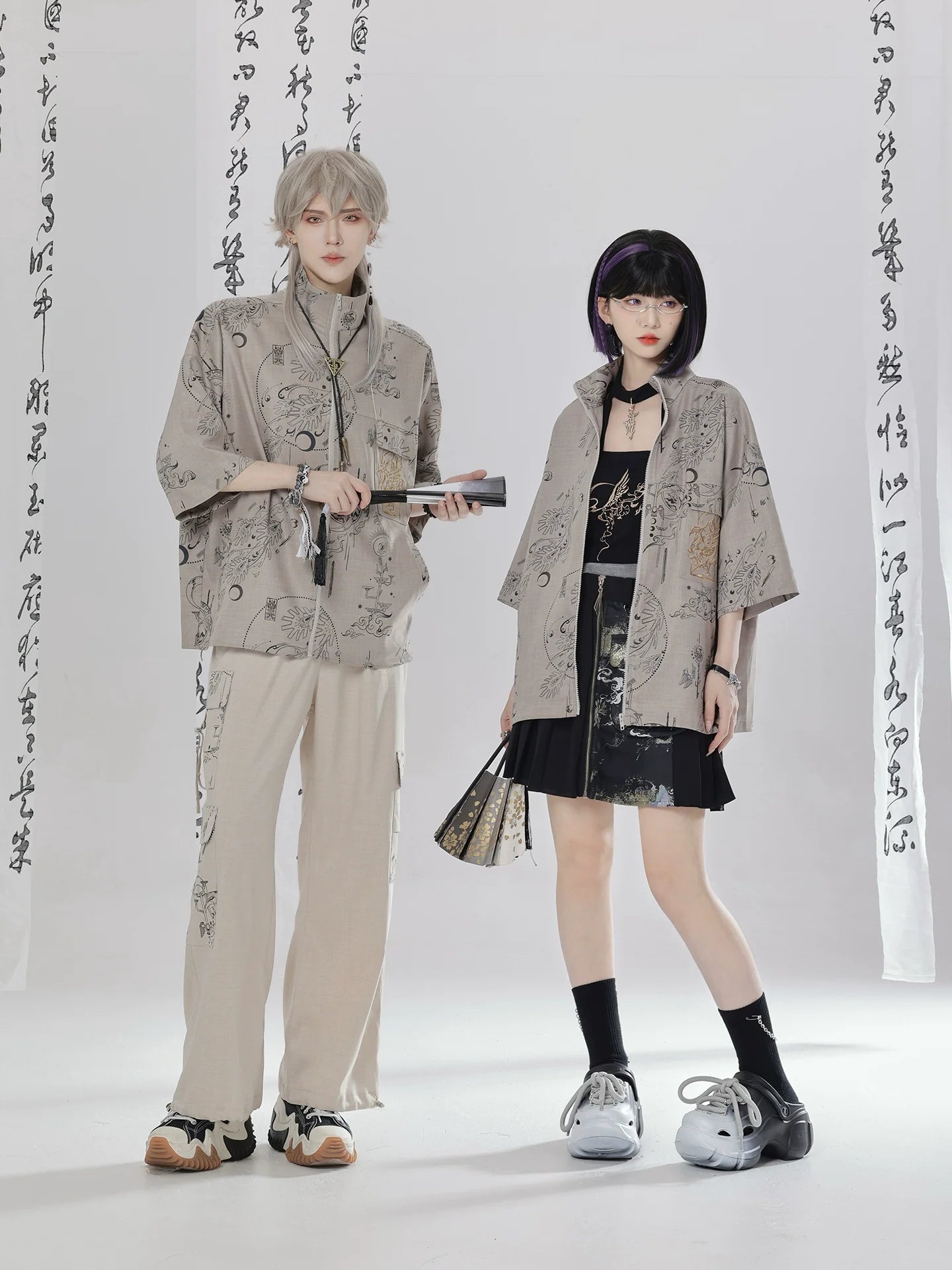 Sand Dunes - New Chinese Style Zipper Short Sleeve Shirt Overalls Cargo Pants