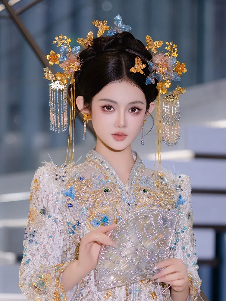 Enchanted Lotus Bloom - Blue and Gold Floral Tassel Bridal Hairpin Fairy-Style Chinese Wedding Accessories