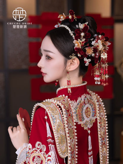 Pearl Halo - Classic Hanfu Bridal Crown with Red Velvet Flowers & Tassel Hairpin Wedding Headpiece