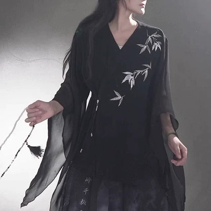 Whispering Bamboo 竹叶 - Unisex Cotton-Linen Cross-Collar Short-Sleeve Hanfu, Summer Zen Casual Chinese Robe (Preorder)