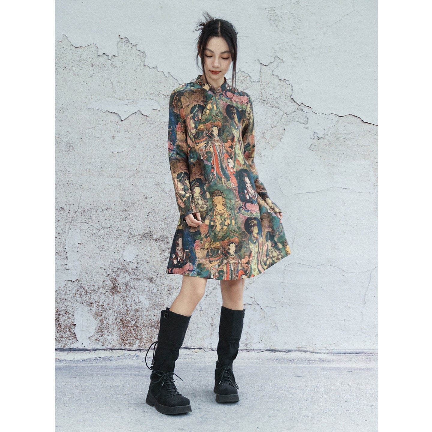New Chinese Style Dunhuang Mural Prints Long Sleeve Cheongsam Dress