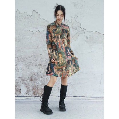 New Chinese Style Dunhuang Mural Prints Long Sleeve Cheongsam Dress