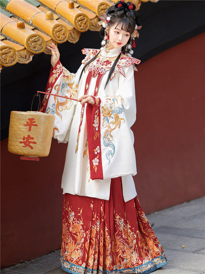 Ming Dynasty Koi Embroidered Flower Wedding Hanfu with Printed Mamianqun | Koi 锦鲤
