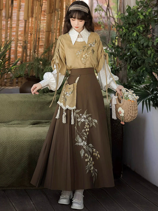 Hazelnut Milk Tea - Modern Hanfu Blouse and Skirt Outfit